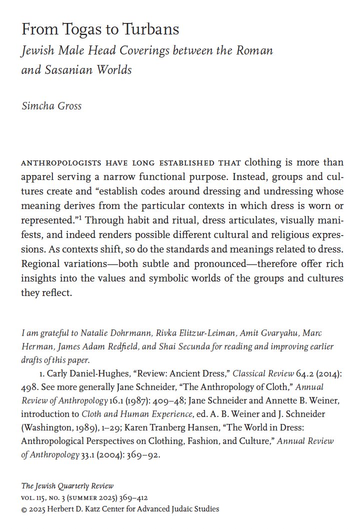 Simcha Gross (@simcha_gross) on Twitter photo My new article "From Togas to Turbans: Jewish Male Head Coverings between the Roman and Sasanian Worlds" was just published by <a href="/TheJQR/">The Jewish Quarterly Review</a>.
It is available for free download here: muse.jhu.edu/pub/56/article…! My new article "From Togas to Turbans: Jewish Male Head Coverings between the Roman and Sasanian Worlds" was just published by <a href="/TheJQR/">The Jewish Quarterly Review</a>.
It is available for free download here: muse.jhu.edu/pub/56/article…!