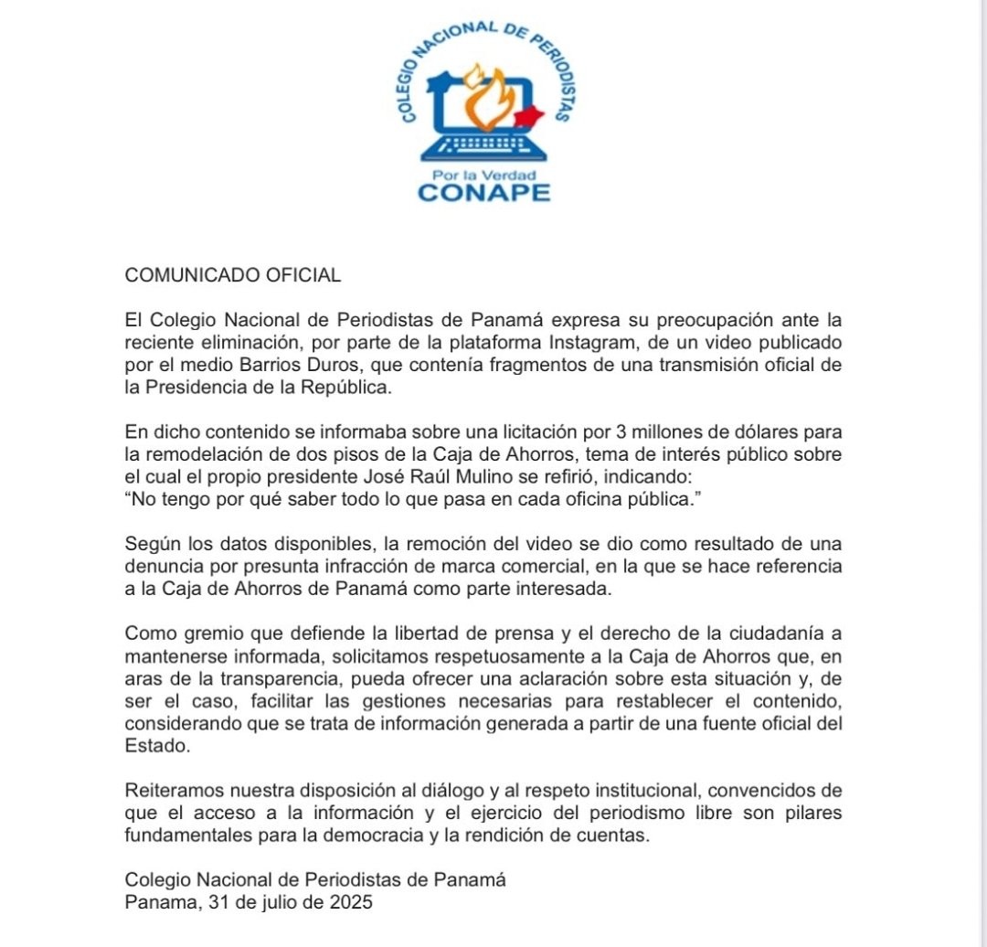 La Caja de Ahorros  bloqueó una publicación de @barriosduros en Instagram sobre un contrato millonario sin licitación.
Desde una institución del Estado, eso es inadmisible. La noticia emana desde la conferencia presidencial de los jueves.