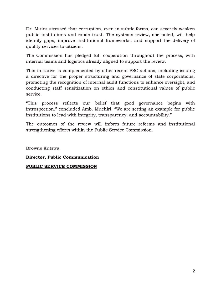 Public Service Commission (PSC) (@psckenya) on Twitter photo PRESS RELEASE‼️
PUBLIC SERVICE COMMISSION PARTNERS WITH EACC TO STRENGTHEN INSTITUTIONAL SYSTEMS AND BOOST EFFICIENCY
<a href="/citizentvkenya/">Citizen TV Kenya</a> <a href="/ntvkenya/">NTV Kenya</a> <a href="/KTNNewsKE/">KTN News</a> <a href="/StandardKenya/">The Standard Digital</a> <a href="/NationAfrica/">Daily Nation</a> <a href="/KBCChannel1/">KBC Channel 1 News</a> <a href="/K24Tv/">K24 TV</a> <a href="/Tv47Newske/">tv47ke</a> PRESS RELEASE‼️
PUBLIC SERVICE COMMISSION PARTNERS WITH EACC TO STRENGTHEN INSTITUTIONAL SYSTEMS AND BOOST EFFICIENCY
<a href="/citizentvkenya/">Citizen TV Kenya</a> <a href="/ntvkenya/">NTV Kenya</a> <a href="/KTNNewsKE/">KTN News</a> <a href="/StandardKenya/">The Standard Digital</a> <a href="/NationAfrica/">Daily Nation</a> <a href="/KBCChannel1/">KBC Channel 1 News</a> <a href="/K24Tv/">K24 TV</a> <a href="/Tv47Newske/">tv47ke</a>