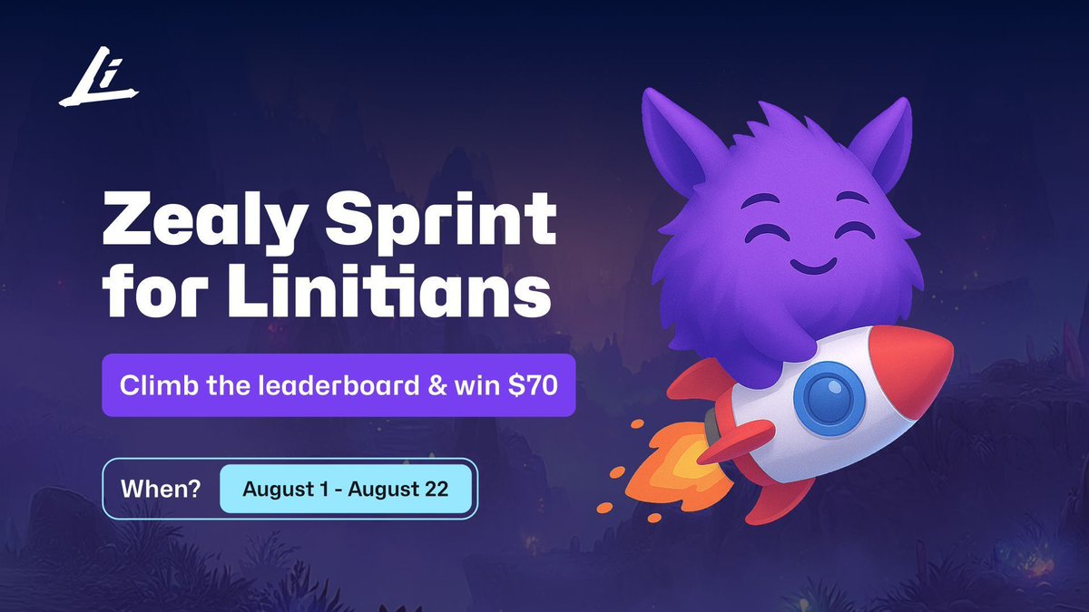 ⚡ New Community #Zealy Sprint Is LIVE

Climb the leaderboard and seize the opportunity to win up to $70! 

💸  Reward pool: $500
🗓️  August 1 – 22

Join the Sprint 👉 zealy.io/cw/linity/ques…