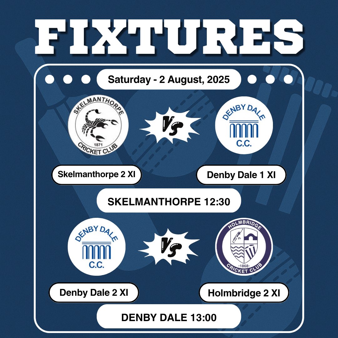 🚨FIXTURES🚨

The firsts take the short trip to <a href="/ShatBangers/">Shat Bangers</a> tomorrow it looks to be a great derby! 

The seconds welcome <a href="/HolmbridgeCC/">Holmbridge CC</a> down to Dale looking to continue their form! 🏏