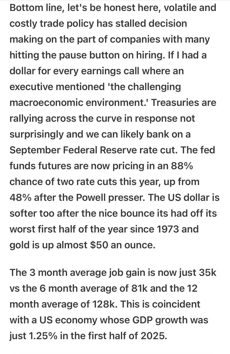 Kelly Evans (@kellycnbc) on Twitter photo “The 3 month average job gain is now just 35k, versus the 6 month average of 81k, and the 12 month average of 128k.
This is coincident with a US economy whose GDP growth was just 1.25% in the first half of 2025.”
- <a href="/pboockvar/">Peter Boockvar</a> “The 3 month average job gain is now just 35k, versus the 6 month average of 81k, and the 12 month average of 128k.
This is coincident with a US economy whose GDP growth was just 1.25% in the first half of 2025.”
- <a href="/pboockvar/">Peter Boockvar</a>