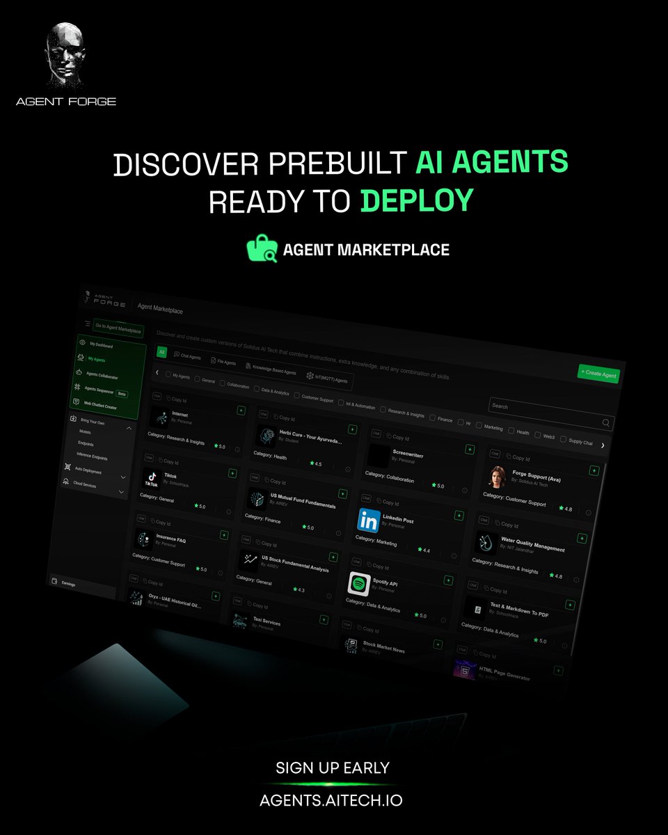 agentforgeinc's tweet image. Prebuilt AI agents. Ready to go.  Browse, deploy, and run in minutes, only on Agent Forge.  Sign up at agents.aitech.io #AgentForge #AIStack #AutomationMarketplace