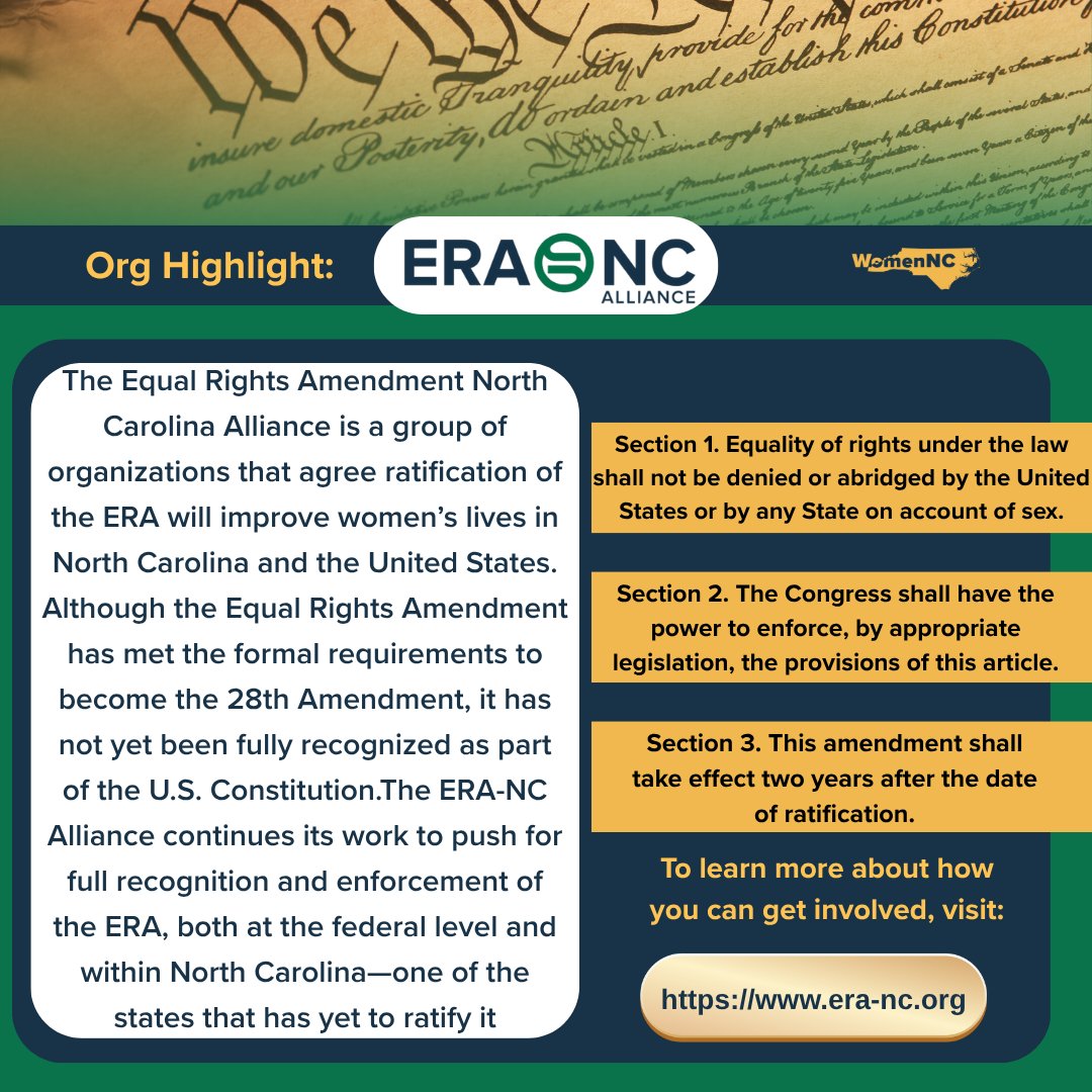 💪📜Today we highlight the ERA NC Alliance 

A fierce advocate for constitutional gender equality and a longtime supporter of WomenNC, the ERA-NC Alliance is leading the charge to make the Equal Rights Amendment fully recognized as the 28th Amendment. 🗳️📣

#ALLforERA