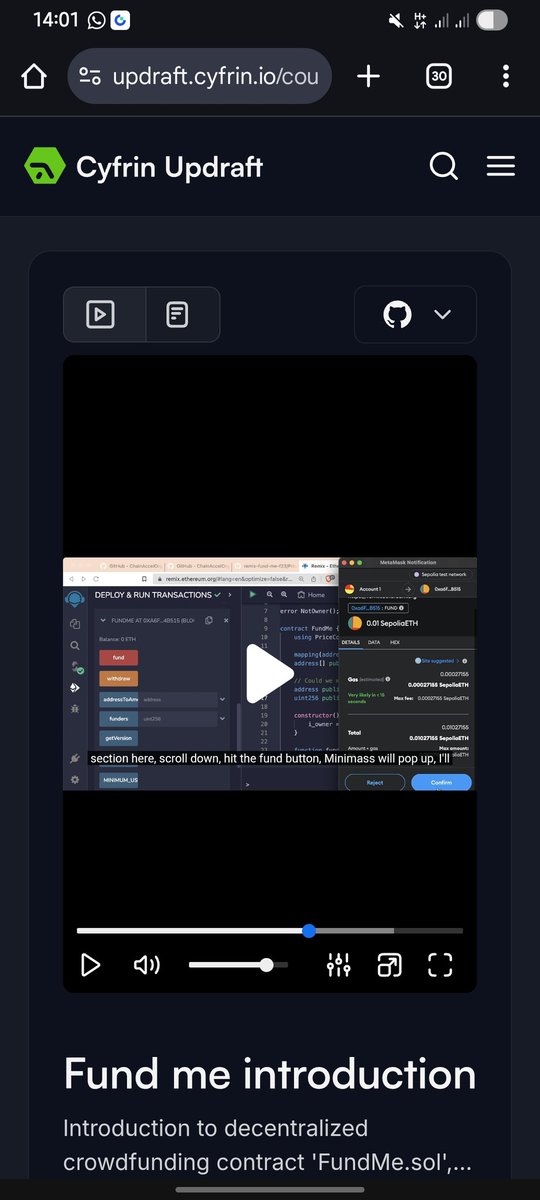 Just started the "Fund Me" project on <a href="/CyfrinUpdraft/">Cyfrin Updraft 🟩</a> 👨‍💻 <a href="/PatrickAlphaC/">Patrick Collins</a>
This is where things get real — learning how to accept ETH, interact with users, and write payable smart contracts 💸

I started with zero coding experience.

Stay consistent. You’ll surprise yourself.