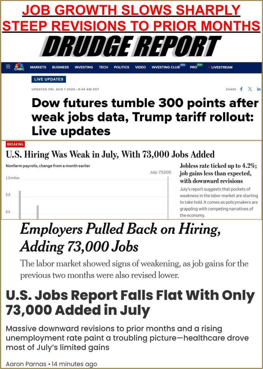 Trump gave us a COVID Recession, &amp; now he's giving us a Trump Tariff Recession.
* July jobs only 73k
* June was revised down from 147k to just 14k
* May was revised down from 125k to just 19k

Is Trump tanking the markets with tariffs to distract from Epstein?