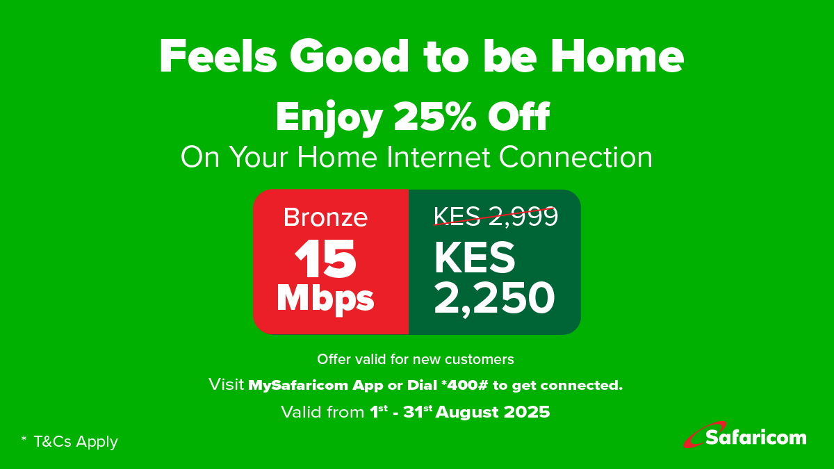 GirlYouWant2's tweet photo. @SafaricomPLC ...New customers get 25% OFF when you sign up btn 1st–31st August on Bronze, Silver, Gold, or Diamond packages.

✅ Free installation + free router
✅ Free maintenance &amp; technical support

📲 Visit MySafaricomApp or dial *400# to get connected!#FeelsGoodToBeHome https://t.co/iLuxSf4Cwg