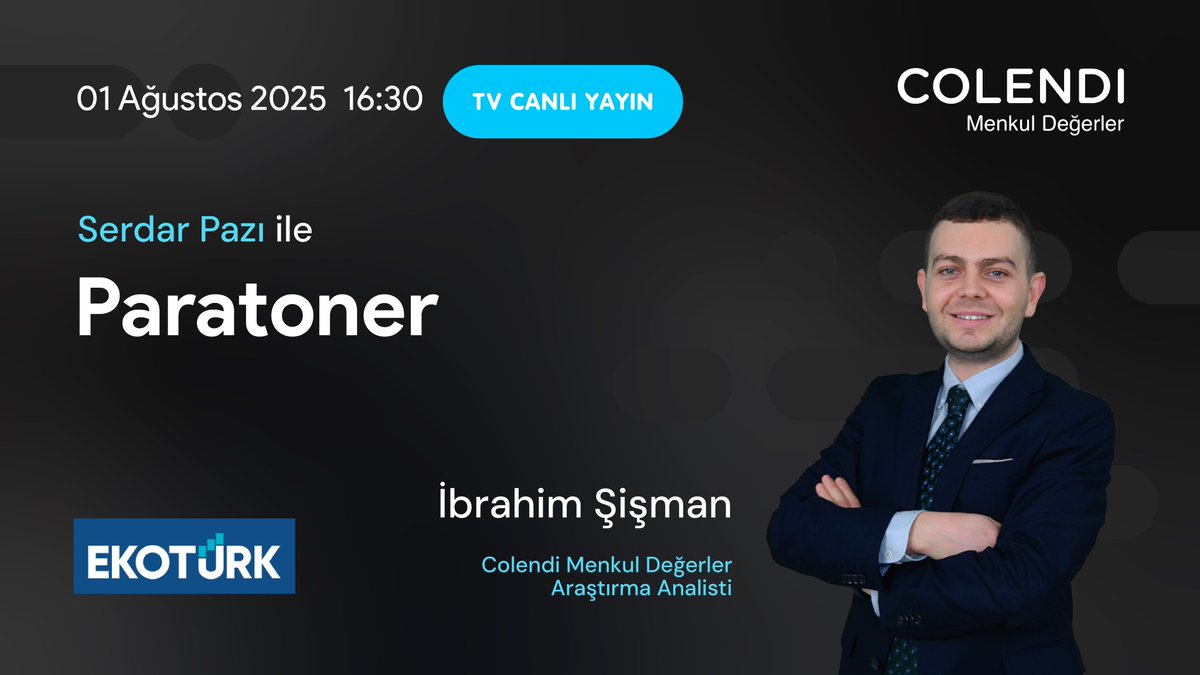 🔗 ekoturk.com/canli-yayin/
📺 Colendi Menkul Değerler Araştırma Analisti <a href="/ibrahimsisman/">Polkadot</a>, 16.30’da @ekoturktv ekranlarında Paratoner programında Serdar Pazı’nın konuğu oluyor.
📊 Piyasa analizleri, günün ekonomik verileri ve yatırımcıya yönelik stratejik değerlendirmeler için