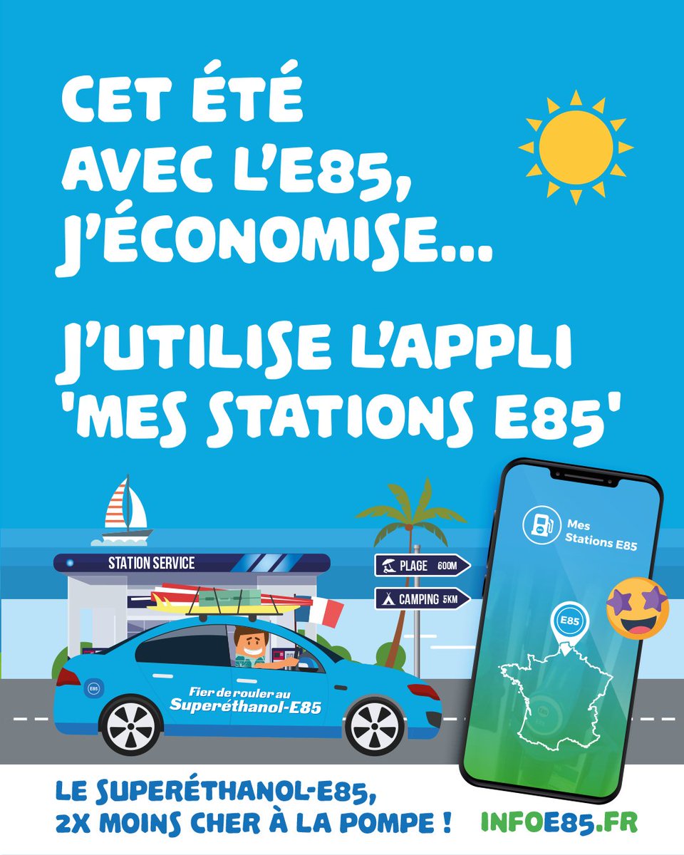 🚗 Vacances d’été : dépensez moins, roulez plus vert ! 🏖

Cet été, avec le Superéthanol-E85, j’économise… et j'utilise l’appli gratuite "Mes Stations E85" pour trouver facilement les stations sur la route des vacances ! 📱⛽️

👉 0,73 €/L à la pompe (source : DGEC – 25 juillet