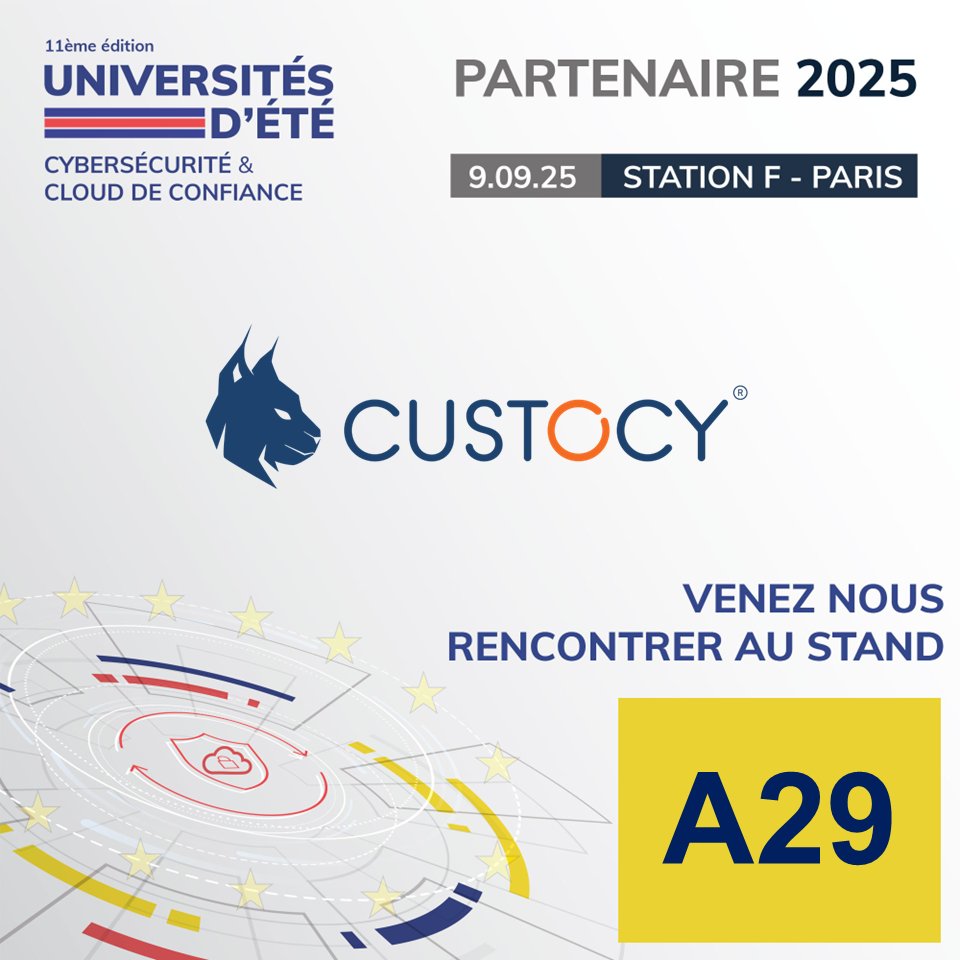 🚨 J-1 avant les #UECC2025 d’@HEXATRUST !
📍 RDV demain à Station F (Paris) pour une journée 100% #cyber, #souveraineté &amp; #clouddeconfiance 🇫🇷
➡️Retrouvez @Custocy au 𝘀𝘁𝗮𝗻𝗱 𝗔𝟮𝟵 pour parler détection réseau &amp; IA.
#Cybersécurité #NDR #CyberRésilience #IA