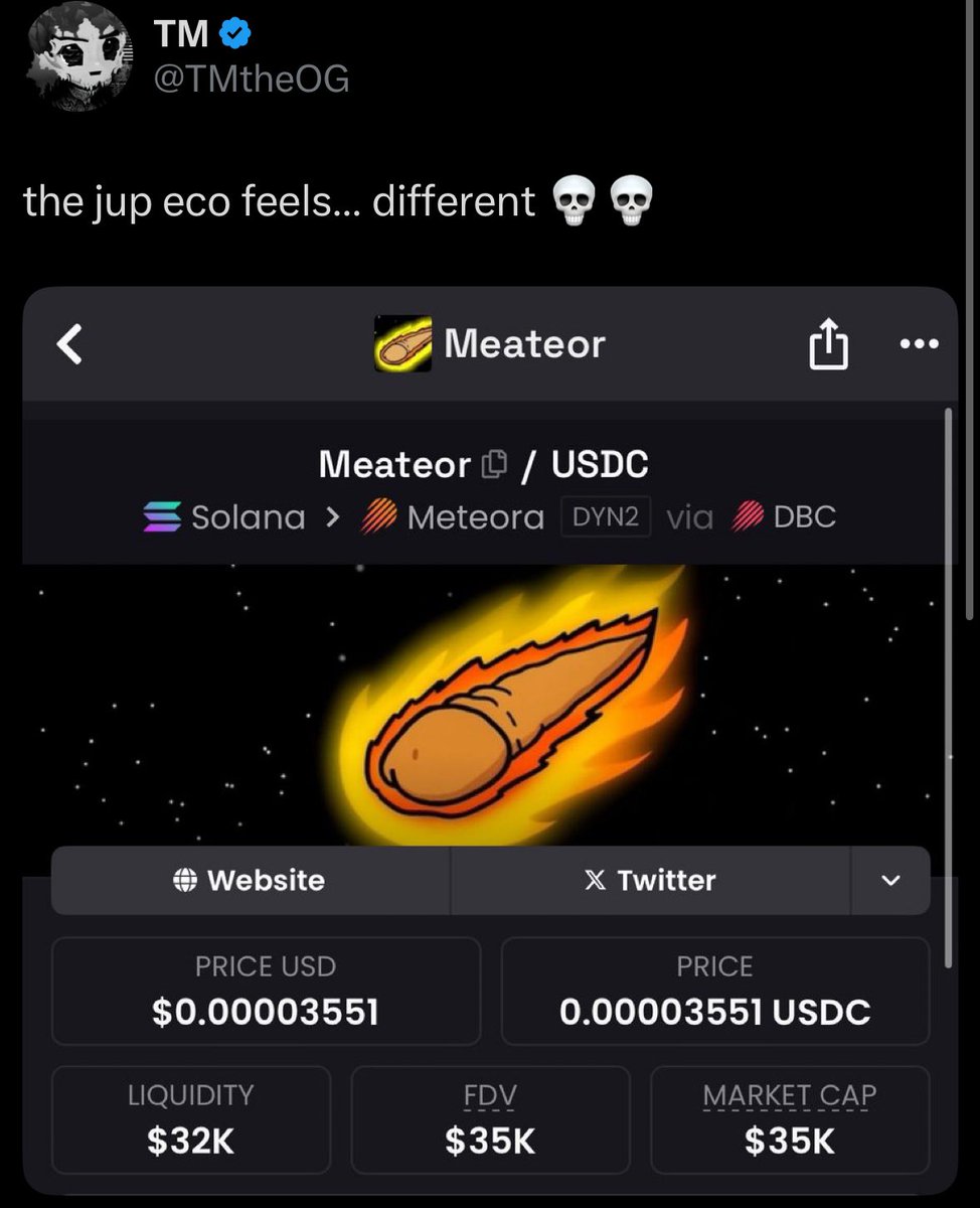 TM (@tmtheog) on Twitter photo another funny $uranus beta is meateor. shilled it at 35k on the timeline
didn't realize METEORA was jupiter's launchpad, thought it was <a href="/jup_studio/">Jup Studio (evil intern arc π)</a>
from an ecosystem POV it just makes sense to push it for free launchpad attention another funny $uranus beta is meateor. shilled it at 35k on the timeline
didn't realize METEORA was jupiter's launchpad, thought it was <a href="/jup_studio/">Jup Studio (evil intern arc π)</a>
from an ecosystem POV it just makes sense to push it for free launchpad attention