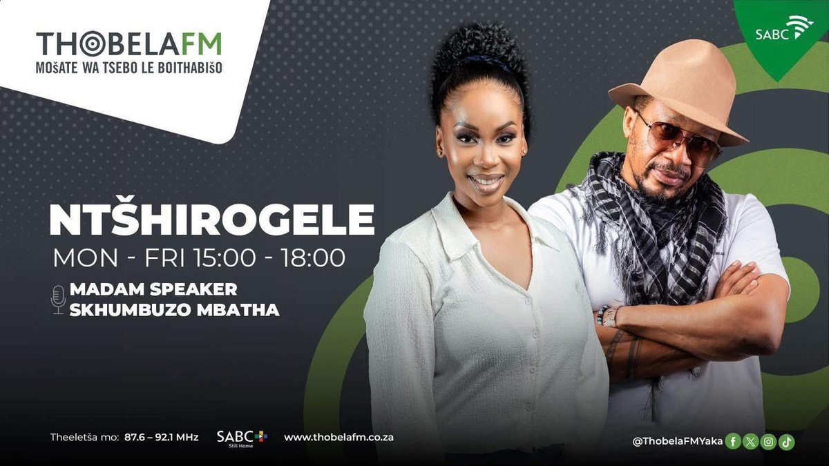 ThobelaFMYaka's tweet photo. Go #Ntšhirogele | 15:00 - 18:00

🟢 Professor Firoz Cachaila 
🟢 Dithekete tša #OneCountryConcert 
🟢 Bahlami le Freddy Fanta  

Theeletša mo go 87.6 - 92.1 MHz 📻 | 📱 #SABCPlus https://t.co/wl7nyUR5zR