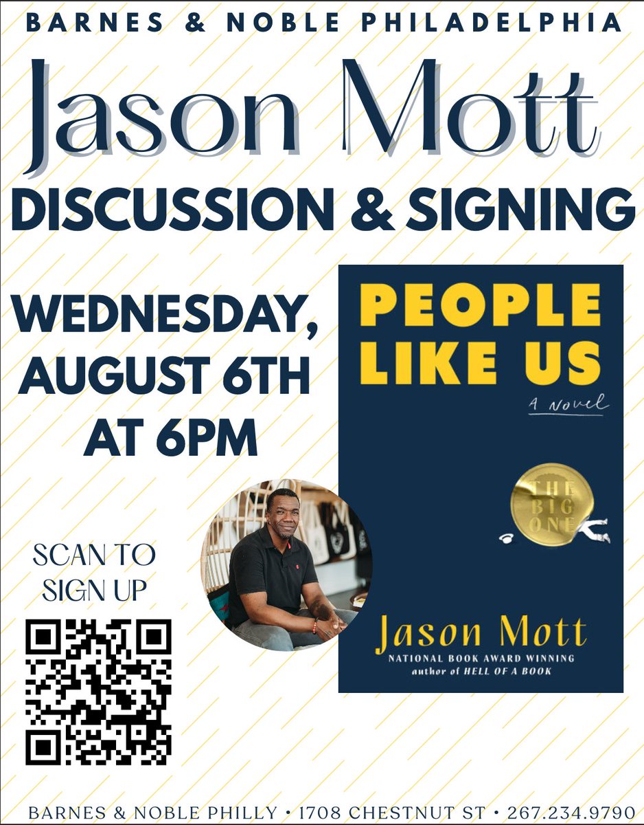 The Brothers’ Network August 2025 Book of the Month: ‘People Like Us’, Jason Mott. On August 6, Mott, in person @ Barnes &amp; Noble, 1708 Chestnut Street, Philadelphia, PA. Call Barnes &amp; Noble directly to reserve your space - 267-234-9790 Learn More: instagram.com/reel/DMLcZyV...