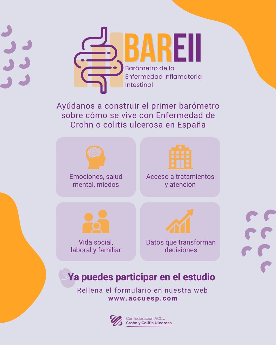 👀 ¿Cómo impacta realmente la EII en tu día a día?  
 
Desde ACCU España lanzamos #BAREII, un barómetro pionero que pretende recoger tu voz para generar cambios reales en la atención sanitaria
 
¡Ya puedes rellenar el formulario online!
 
🌐 bit.ly/FormularioBARE…