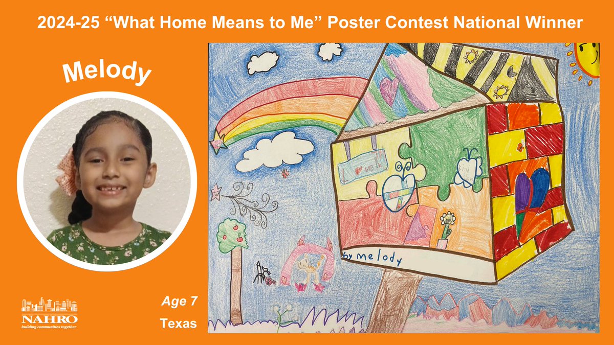 NAHROnational's tweet photo. Meet Melody (age 7) from Texas, NAHRO's 2024-25 #WhatHomeMeanstoMe poster contest winner featured in our calendar for August!

Now's the time to start planning for the 2026 contest! Learn more about NAHRO member agencies can participate next year: https://t.co/F4TWd9Rri2 https://t.co/ihgbzrFQ0a