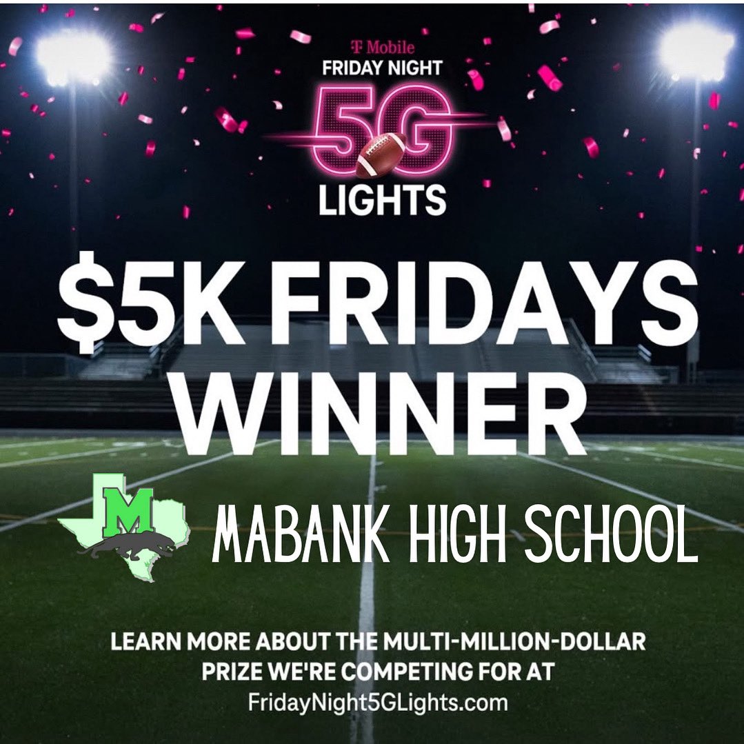 💚 Mabank, TX - YOU ARE AMAZING!! 

We are one of the Week 1 winners of the <a href="/TMobile/">T-Mobile</a> $5K Fridays!! Please continue to like &amp; share our posts. 

#MabankPanthers #FN5GL #PantherPride #TMobile5G #SWEEPSTAKES