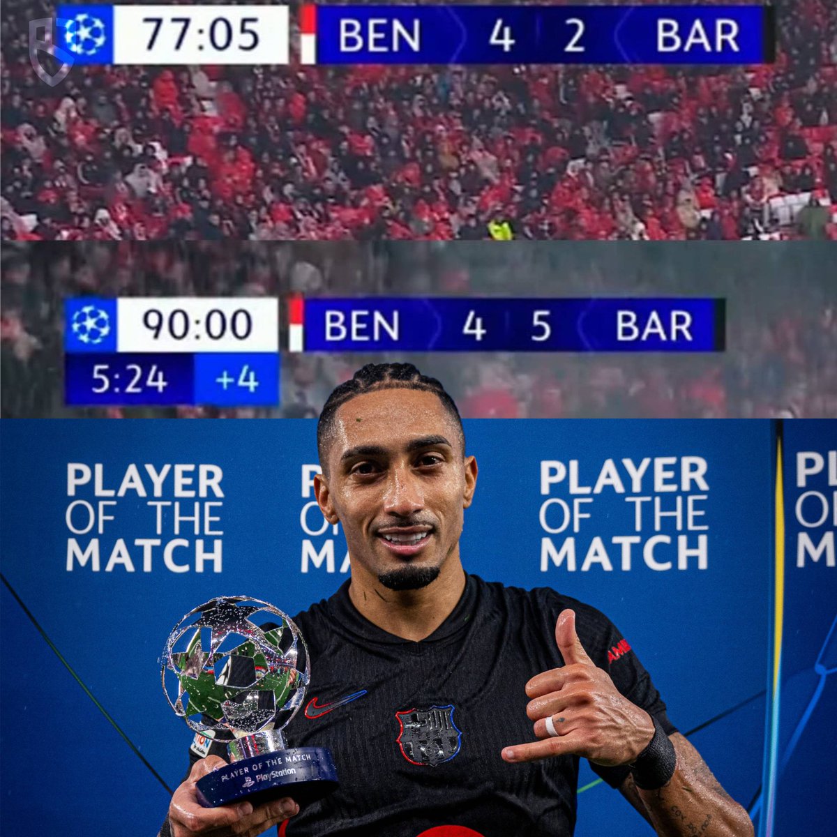 🚨🎙️| Raphinha, ao ser questionado sobre seu jogo e gol favoritos pelo Barça:

🗣 “Acho que escolheria o jogo contra o Benfica e meu gol no último minuto, que terminou 5 a 4.”