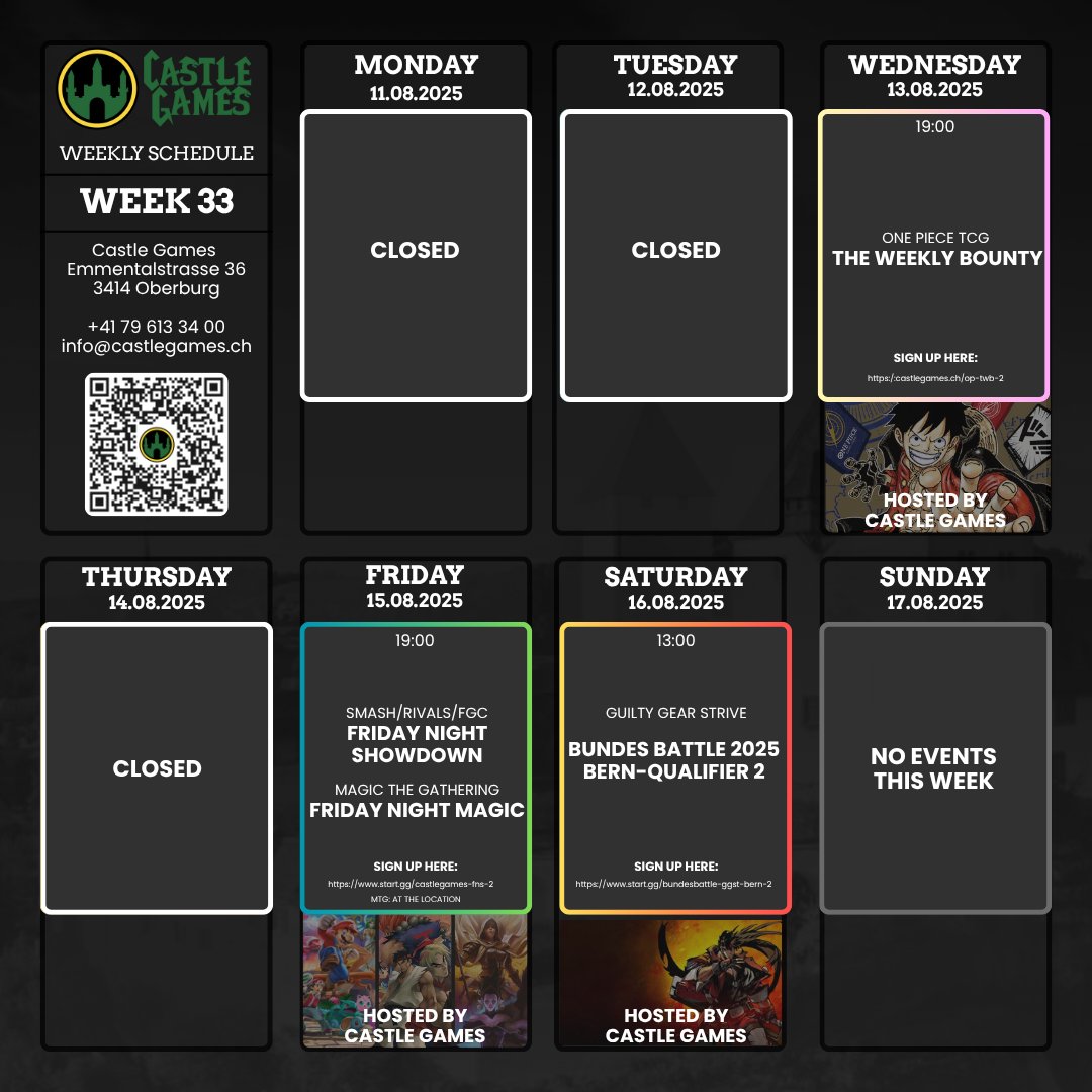 CastleGames_E's tweet photo. Here is our event schedule for the month of August 2025:
Note that our weekly tournament #OnePieceTCG has been moved from Thursdays, 07:00 PM CEST to Wednesdays 07:00 PM CEST.
#TCG #FGC #CastleGames #gaming #community https://t.co/zZONmqR5Lh