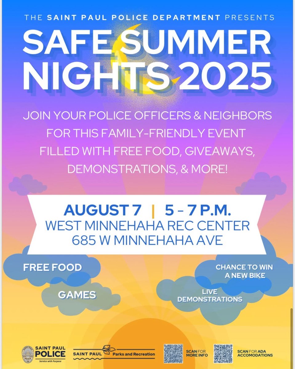 Join us for Safe Summer Nights at West Minnehaha next week on August 7! The event runs from 5-7pm, join your neighbors and local law enforcement for a fun, family-friendly gathering. There will be giveaways, food, music, resources, demonstrations, &amp; more!

All are welcome | Free!