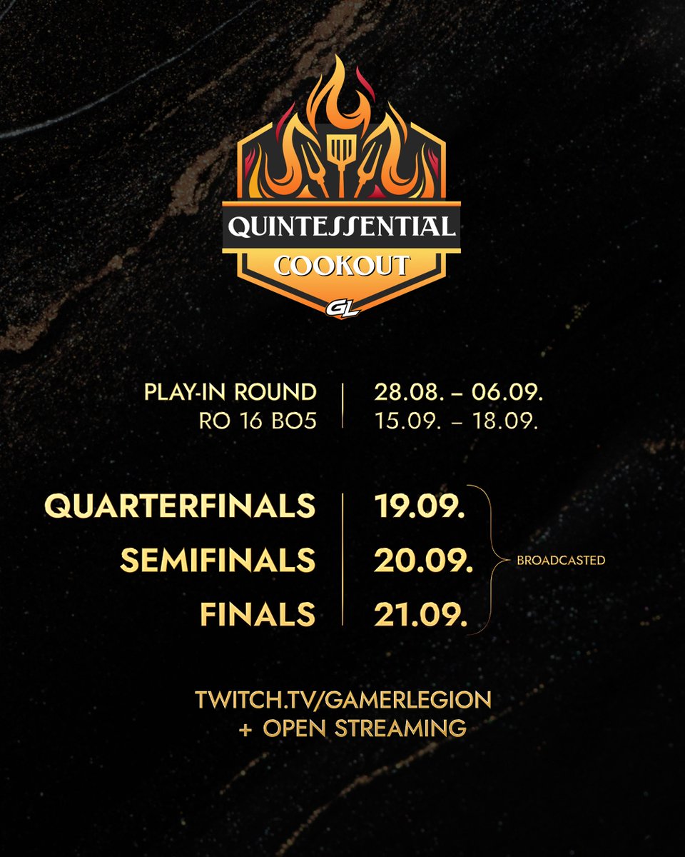 🔥To hell with announcement teasers...

🦞QUINTESSENTIAL COOKOUT🍴is here!

GL Mini Tournament -
📺1 Weekend (19. - 21. September)
🚪2 Pre Rounds
💸2,500$

All the links dropped below🫳