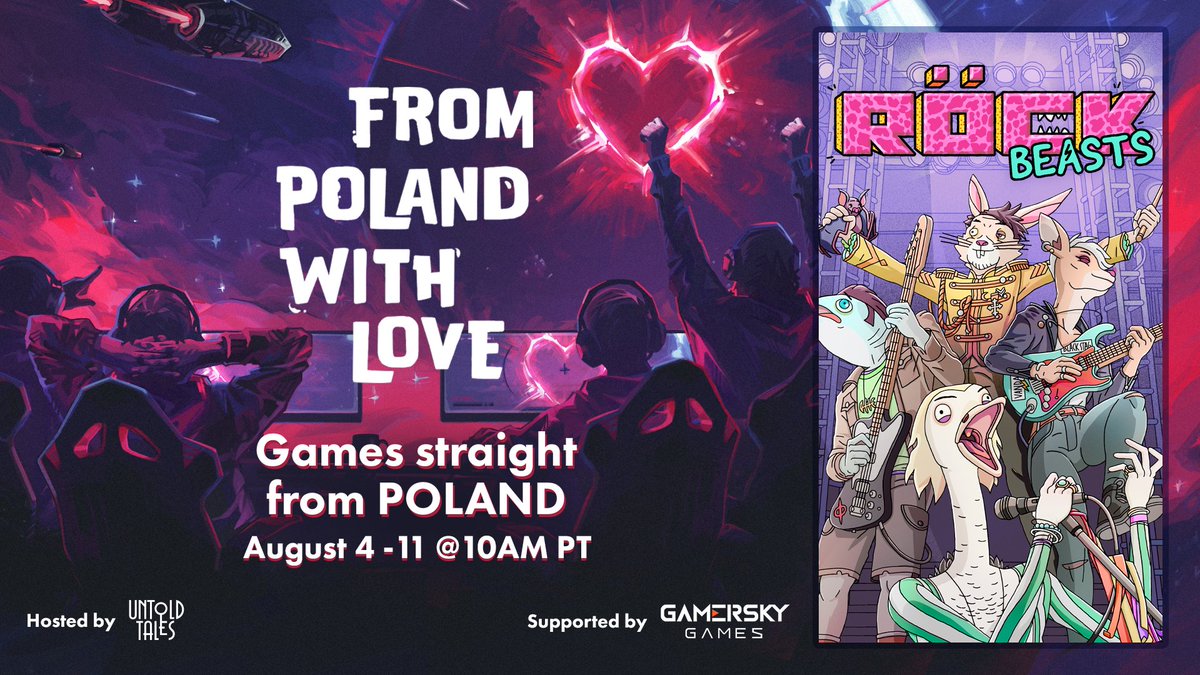 ROCKBEASTS will be featured in the Upcoming Games section of 'From Poland With Love', the largest Polish games event on Steam! 🤍❤️

It's great to be featured alongside so many awesome Polish games! Check it out from August 4th-11th!

Big thanks to <a href="/UntoldTalesHQ/">Untold Tales</a> for hosting us!
