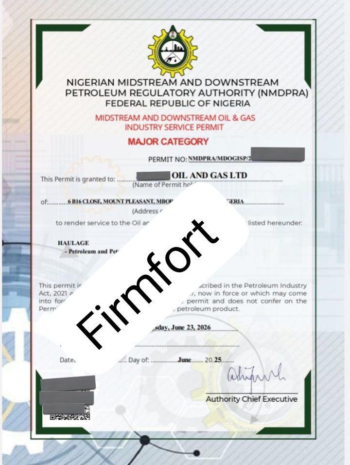 permit99's tweet photo. Nigerian midstream and downstream oil and gas industry service permit processed by Firmfort within a week. https://t.co/1Kyc385bYB