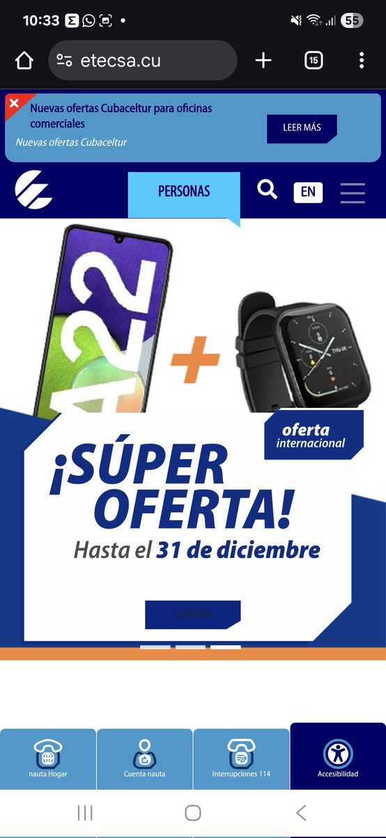 Se extiende hasta el 3️⃣1️⃣ de diciembre, la oferta del teléfono móvil Samsung A22 📱+ Reloj Inteligente ⌚BT200 STEREN a través del distribuidor internacional: DTOne (FIXED Mobile)
#EtecsaConCuba 🇨🇺
