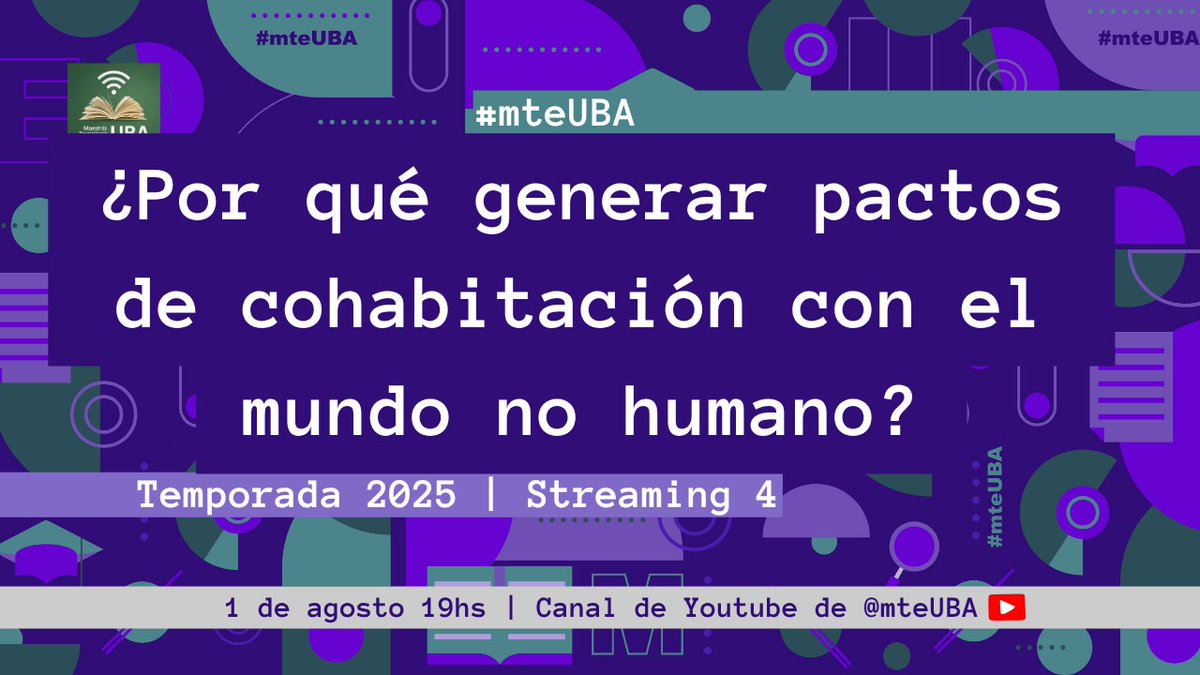 HOY! Viernes 1 de agosto 19hs
Streaming 4 #mteUBA▶️
¿Por qué debemos generar pactos de cohabitación con el mundo no humano?
Con <a href="/julitoalonso/">Julito Alonso</a> y <a href="/piscitelli/">Alejandro Piscitelli</a> por el canal de youtube <a href="/mteUBA/">mteUBA</a> con <a href="/marianamaggio/">Mariana Maggio</a>  y <a href="/turkofiorino/">Sebastián Fiorino</a> youtube.com/live/U4HxwwM6j… 
¡Activá la campanita!🔔