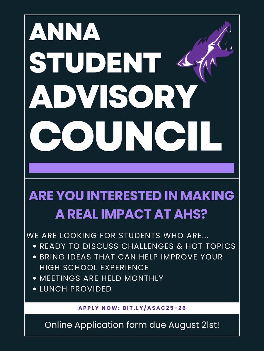 Make an impact at AHS!
Applications for the 2025–2026 Student Advisory Council are open. Share ideas, lead discussions, and help shape your high school experience.
Apply by Aug 21: bit.ly/ASAC25-26

#CoyotePride #ASAC #StudentLeadership