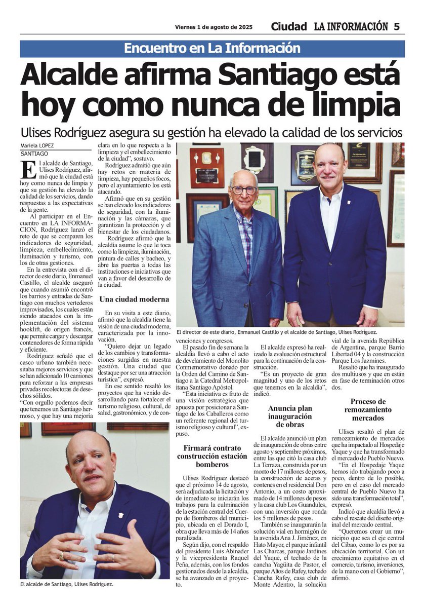 Alcalde afirma Santiago está hoy como nunca de limpia
lainformacion.com.do/ciudad/encuent…