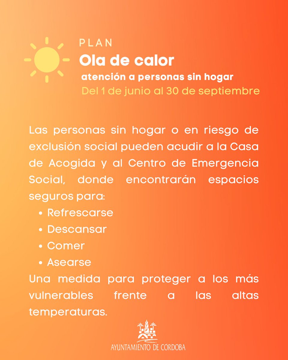 🌡️ Desde el Ayuntamiento de Córdoba activamos medidas extraordinarias contra la ola de calor este fin de semana (3 y 4 de agosto).
➡️ Refugios climáticos abiertos
➡️ Centros de mayores de la periferia con horario ampliado
➡️ Atención a personas sin hogar
#AyuntamientoDeCórdoba