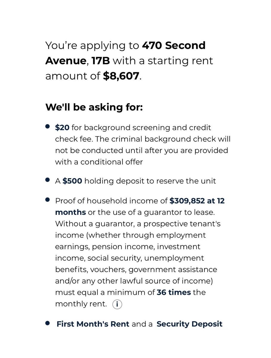 NewYork'ta 3+1 dairenin kiralanmasinda istenen belgeler:
- Aylik kira: $8607
- $20 kredi notu ve adli sicil kaydi icin (Adiniza alan sirkete odeme icin)
- $500 daireyi kiralamak icin rezervasyon
- $309852 yillik gelirinizi belgeleyen bordro (kira*36)
- Ilk ayin kirasi ve depozito