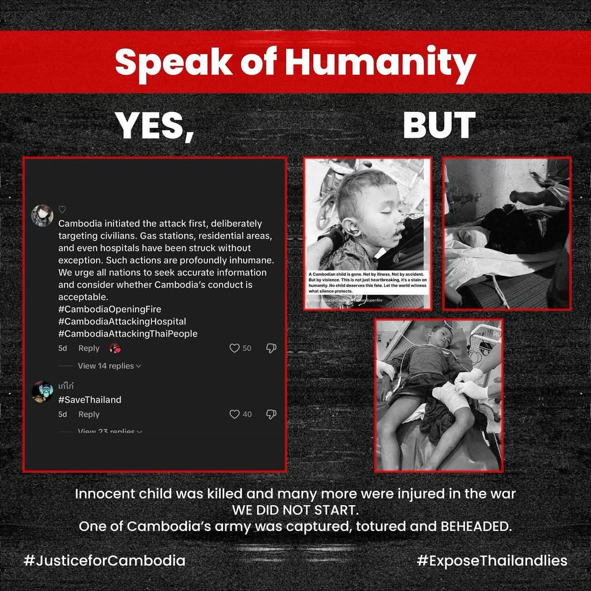 5o_tenpheaa's tweet photo. Many Thai people are constantly fed fake news by the government, mainstream media, and even celebrities — and most don’t realize it. They’ve been misled for so long, they’ve forgotten how to question what they’re told. The points in the image below may help uncover the truth that’s been buried.

RELEASE CAPTURED CAMBODIAN SOLDIERS 
#JusticeForCambodia 
#FreeCambodianSoldiers