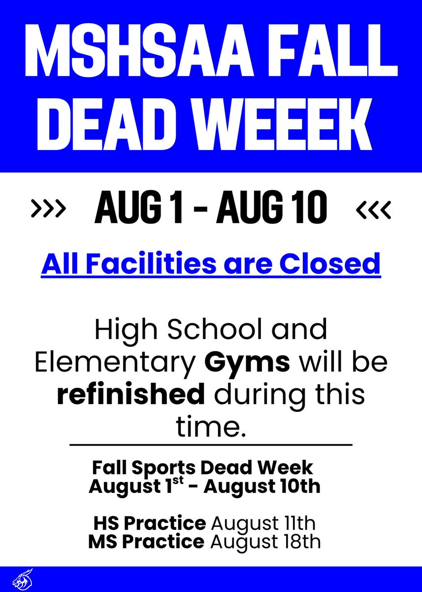 Please do not enter the gym facilities during our 2025 Fall Sports Dead Week!

 Both Lone Jack Elementary and Lone Jack Middle and High School gyms will be refinished to prepare for the the 2025-2026 school year. 

#MuleMentality #AllofUS 🤘