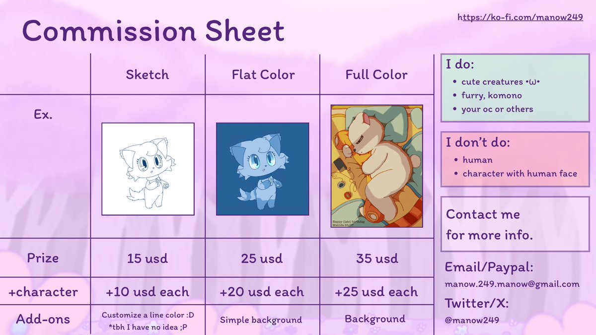 Manow came back with full commission sheet now👀✨

You can commission Manow to draw your favorite character via Ko-Fi here: ko-fi.com/manow249
the same link is on my bio

Let’s make Manow happy by giving Manow money and Manow will draw your beloved characters :D 💖