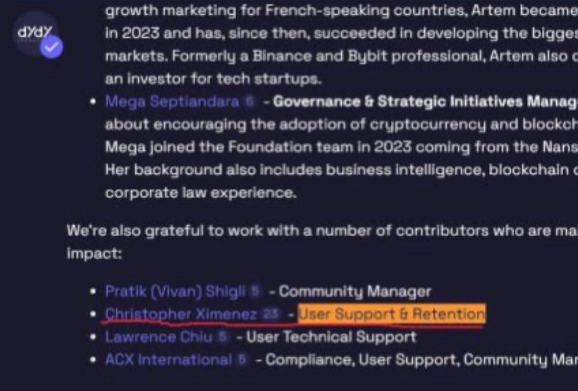 They keep gaslighting you.
<a href="/akachacolate/">nate</a> and the team still insist “that’s not <a href="/Alucard_eth/">Alucard (RIP)</a>.”

So what do we call this then?
Christopher Ximenez - was listed by full name on the official dYdX support team page.

Still think it’s a “conspiracy”?
Still think you’re being “toxic”