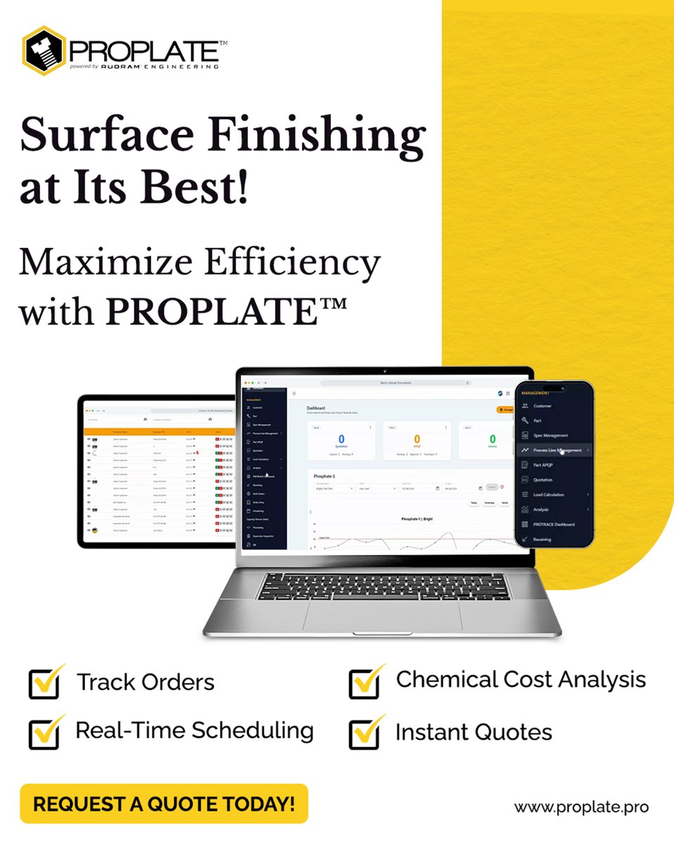 Proplate_Pro's tweet image. Transform your surface finishing operations with next-gen enterprise software! From real-time scheduling to accurate chemical tracking, PROPLATE™ streamlines every step for better productivity and profitability.
📧Request A Quote today! proplate.pro/contact-us/

#PROPLATE