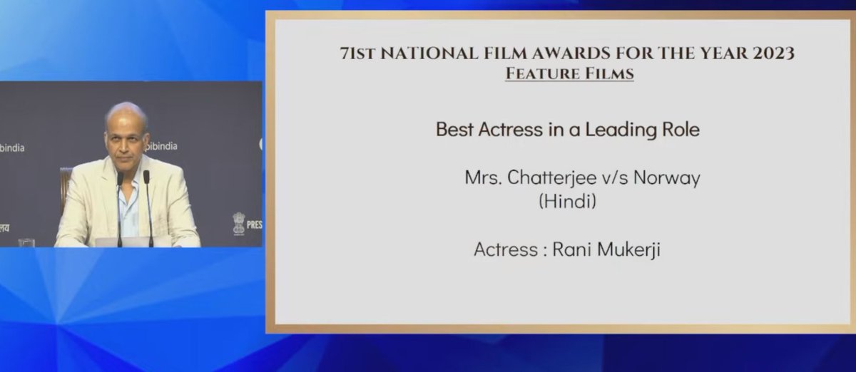 TheNewIndian_in's tweet photo. #FALSH: 🌟 Best Actress in a Leading Role at the 71st National Film Awards 2023 goes to Rani Mukerji for Mrs. Chatterjee vs Norway (Hindi).

#NationalFilmAwards2023 #RaniMukerji #MrsChatterjeeVsNorway https://t.co/ZjGOKITV9r