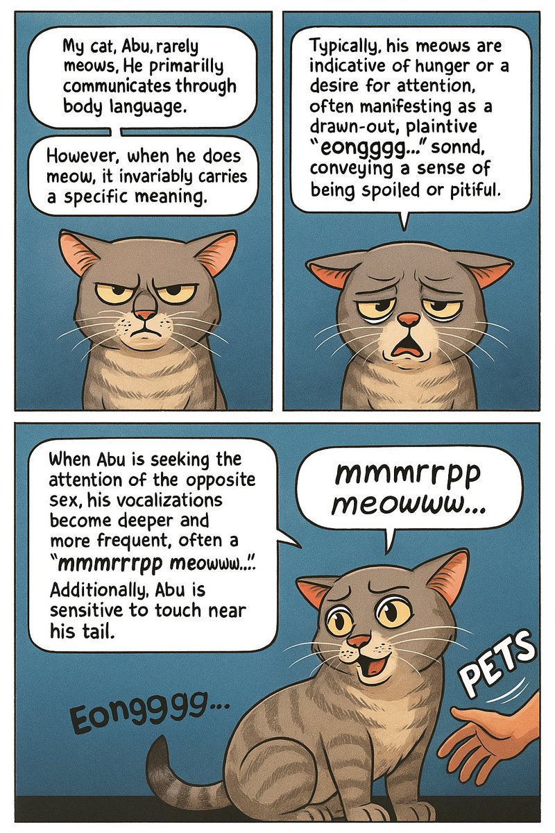 paniaguai's tweet image. Meet Abu, Jakarta&apos;s silent cat! 😺 Rarely meows, but when he does, it’s a needy &quot;eongggg&quot; for food or cuddles. Flirty? His deep &quot;mrrrppp meowww&quot; takes over! Tail-touch sensitive, Abu speaks with his body. 🐾 #JakartaCat #CatLife #FelineVibes