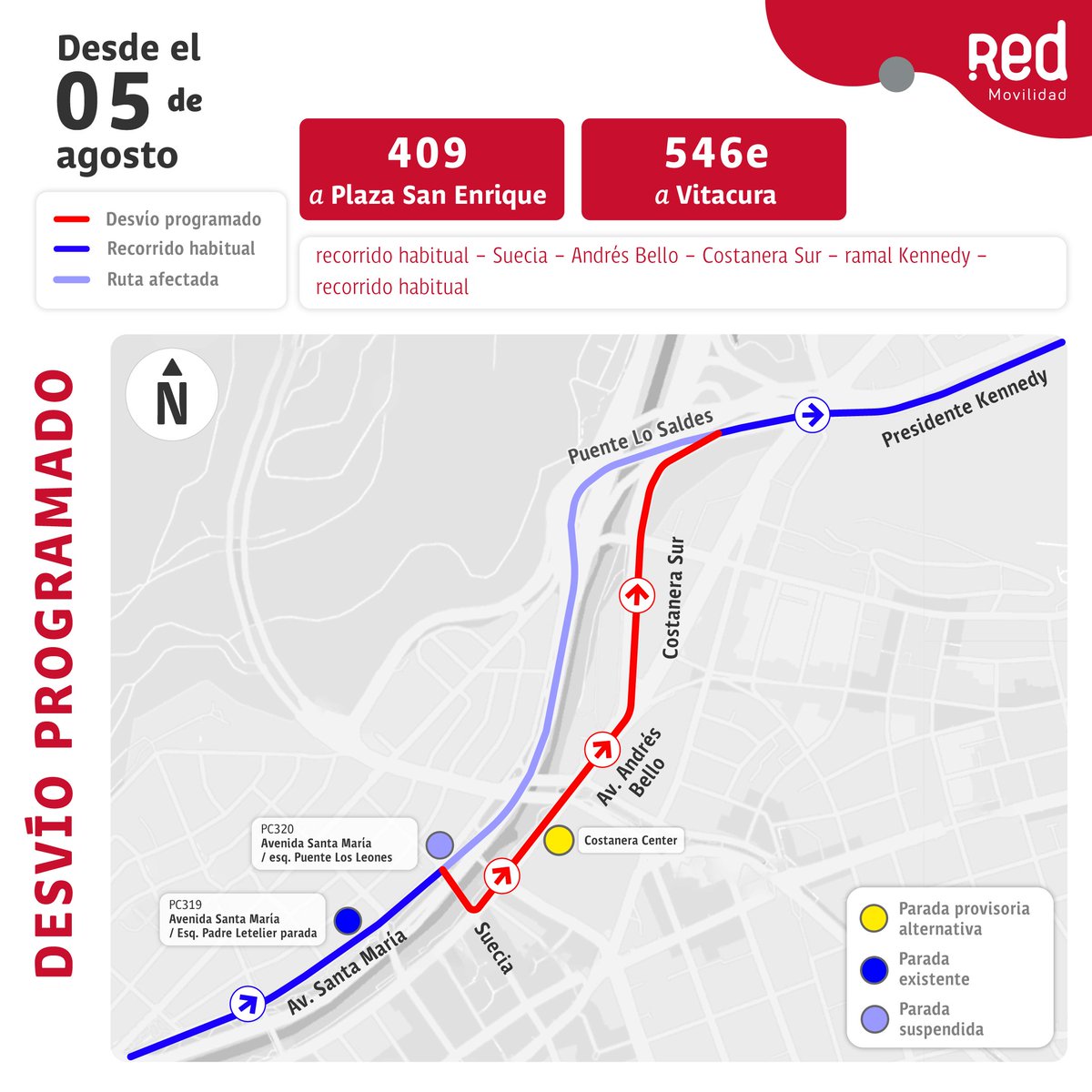 Red_Movilidad's tweet photo. 🔴ATENCIÓN⚠⁣ @Muni_LasCondes y @MuniVitacura.

⤴️🚏Por reparaciones en #PuenteLoSaldes, este martes 5, un nuevo cambio de ruta y paradas en sentido ORIENTE, tendrán los servicios: 🚍409, 411, 502, 542 y 546e.

📌#PlanificaTuViaje en nuestra app y aquí: https://t.co/SEGLDQZKCI https://t.co/Ty8WXKp0q8