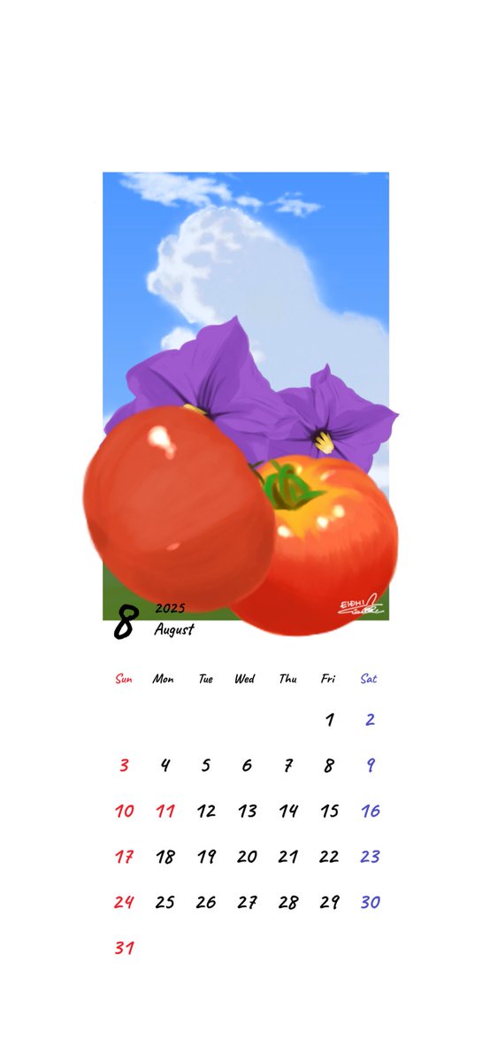 __ei__dhi's tweet photo. 2025年8月の壁紙&amp;カレンダー配布🍅☁️

◯ご利用の際
フォロー、♡、RPお願いします！！

※個人利用の範囲でご利用下さい

#カレンダー #壁紙配布 #イラスト https://t.co/mL9c8OSAda