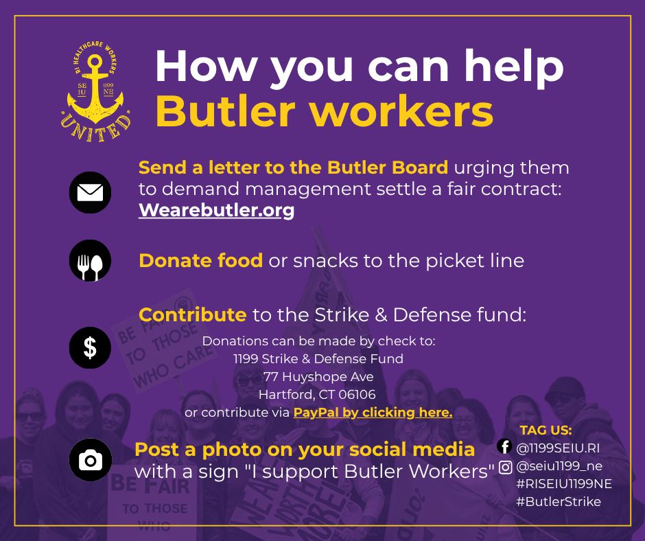 💜 🙏 Butler caregivers are fighting for a better future not just for themselves, but for their patients, their hospital and the entire community they serve. Here are some ways you can help support them in their efforts! 👇#ButlerStrike #RISEIU1199NE