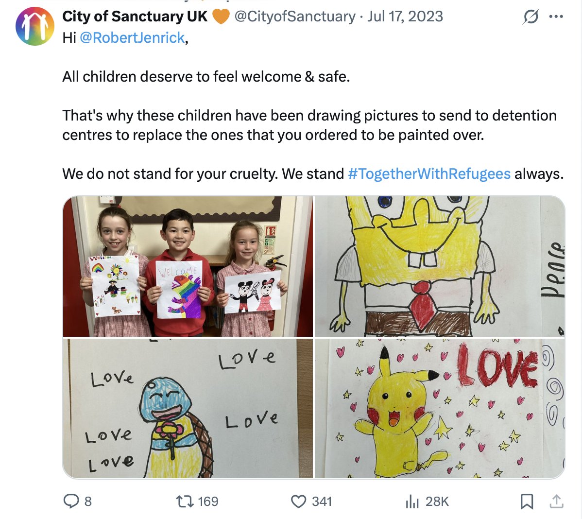 Charlotte Gill (@charlottecgill) on Twitter photo "That's why these children have been drawing pictures to send to detention centres to replace the ones that you ordered to be painted over."
Stop using children to push your agenda <a href="/CityofSanctuary/">City of Sanctuary UK 🧡</a>! "That's why these children have been drawing pictures to send to detention centres to replace the ones that you ordered to be painted over."
Stop using children to push your agenda <a href="/CityofSanctuary/">City of Sanctuary UK 🧡</a>!