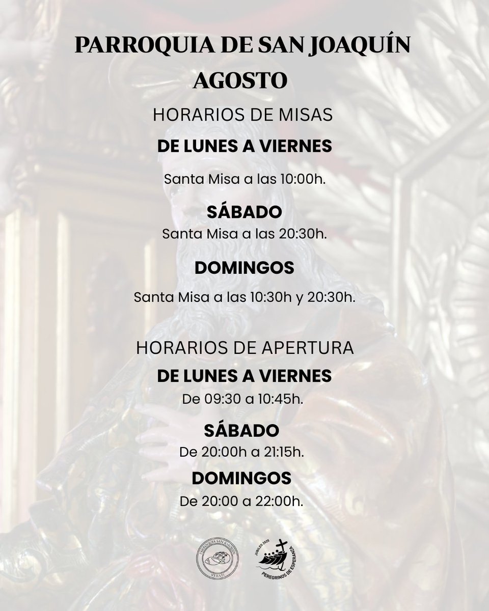 #PARROQUIA | Nuevo horario en agosto para la celebración de la Santa Misa y apertura del templo

⛪ Parroquia de San Joaquín (Triana)
C/ Papa Juan Pablo I

📲 #SanJoaquínSVQ
