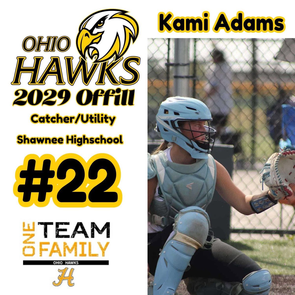 🚨Roster Alert🚨 Ohio Hawks 2k11 Offill welcomes Kami Adams &amp; family to the squad!

Kami comes from Shawnee HS—a true utility player with a dangerous bat 💥

🔥 Fav player: Kami Kortokrax
🧡 College: Tennessee
🎯 Goals: Sharpen fielding &amp; boost batting avg!
