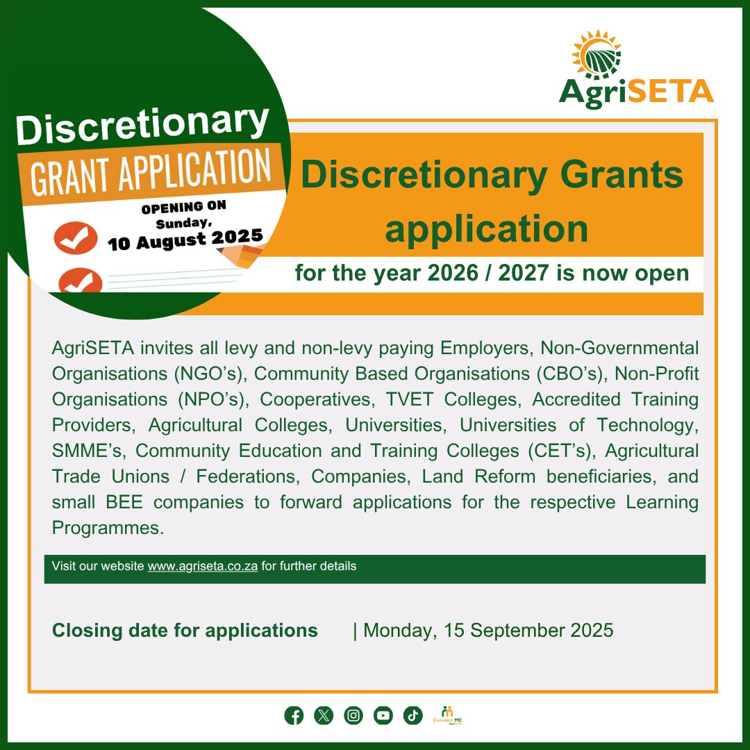 AgriSETA Discretionary Grant Application for the year 2026/2027 are now open.  Visit agriseta.co.za for detailed information.  
#AgriSETA #DGapplication