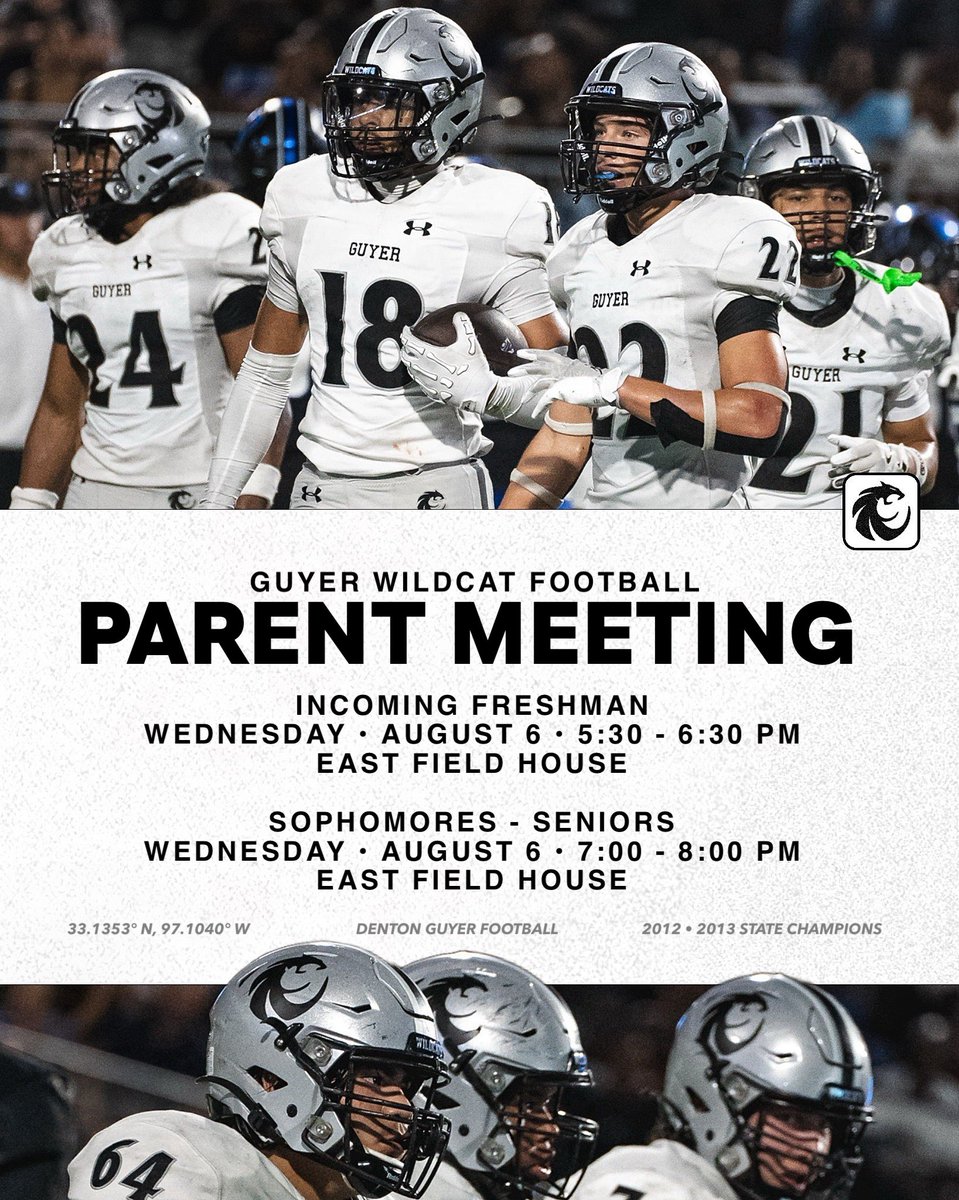 Denton Guyer Football (@dentonguyer_fb) on Twitter photo ๐๐ฎ๐ฒ๐๐ซ ๐
๐จ๐จ๐ญ๐๐๐ฅ๐ฅ ๐๐๐ซ๐๐ง๐ญ ๐๐๐๐ญ๐ข๐ง๐
๐๏ธAugust 6, 2025
๐๐ฃ๐๐ค๐ข๐๐ฃ๐ ๐๐ง๐๐จ๐๐ข๐๐ฃ
๐ 5:30 - 6:30 PM
๐๐ค๐ฅ๐๐ค๐ข๐ค๐ง๐๐จ - ๐๐๐ฃ๐๐ค๐ง๐จ
๐ 7:00 - 8:00 PM
๐ East Field House โข Guyer HS
#Southside | #DifferentBreed ๐๐ฎ๐ฒ๐๐ซ ๐
๐จ๐จ๐ญ๐๐๐ฅ๐ฅ ๐๐๐ซ๐๐ง๐ญ ๐๐๐๐ญ๐ข๐ง๐
๐๏ธAugust 6, 2025
๐๐ฃ๐๐ค๐ข๐๐ฃ๐ ๐๐ง๐๐จ๐๐ข๐๐ฃ
๐ 5:30 - 6:30 PM
๐๐ค๐ฅ๐๐ค๐ข๐ค๐ง๐๐จ - ๐๐๐ฃ๐๐ค๐ง๐จ
๐ 7:00 - 8:00 PM
๐ East Field House โข Guyer HS
#Southside | #DifferentBreed