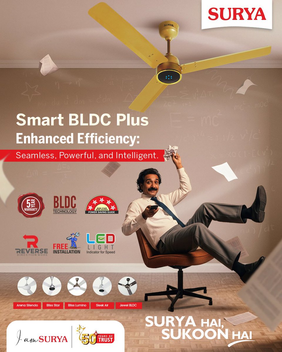 surya_roshni's tweet photo. The Smart BLDC Plus Fan combines advanced BLDC technology to deliver superior energy efficiency & quiet operation, ensuring faster cooling while saving up to 65% on energy costs.
#SuryaFans #EnergyEfficient #SmartCooling #ComfortLiving #SuryaRoshini #Fans #BLDCfan #SmartBLDCPlus https://t.co/wLU5N2iCKf