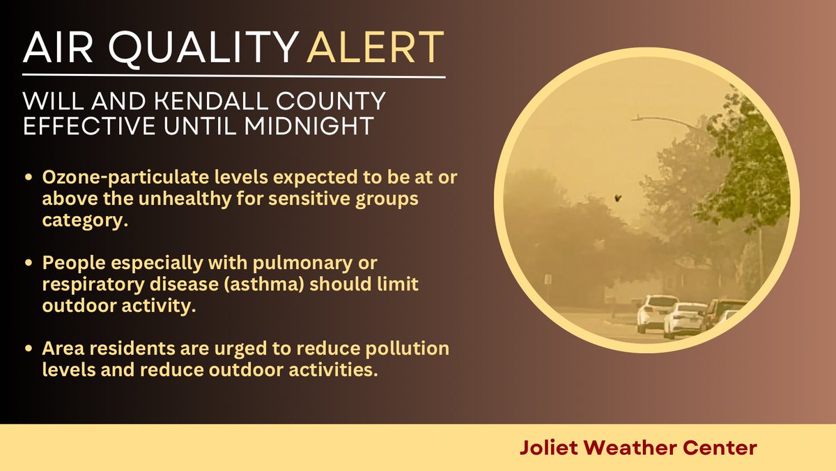 AIR QUALITY ALERT in effect until midnight. Ozone particulate levels expected to be in the unhealthy for sensitive groups category. People with pulmonary or respiratory disease (asthma) should limit outdoor activity and everyone is encouraged to reduce pollution levels. #ilwx