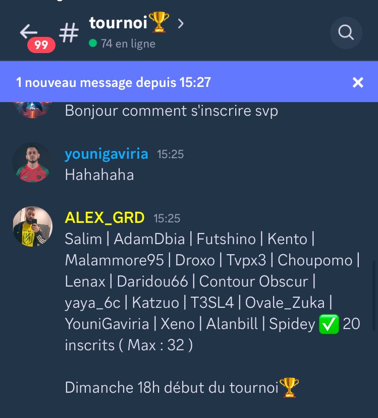 GRD CUP #1 🏆

Début Dimanche 18h ⚡️

Max : 32 participants , déjà 20 inscrits en 2h
( Playstation, Xbox, Steam, PC ) 

Pour s’inscrire ça se passe sur mon Discord : discord.gg/RYAp7CY4

L’intégralité du tournoi sera peut être retransmise en direct sur ma chaîne YouTube